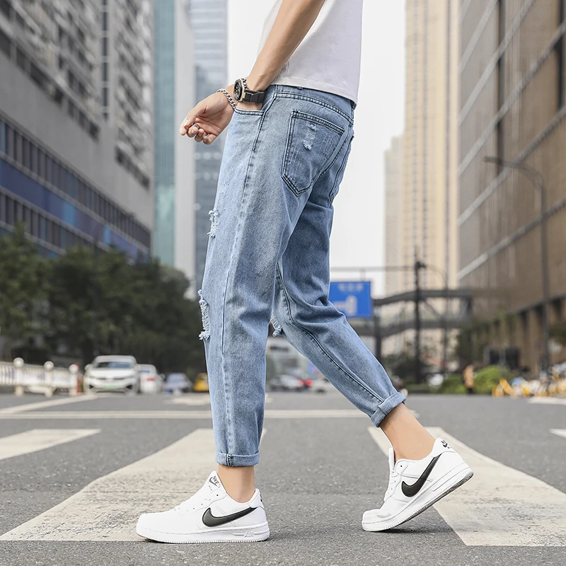 Slim Fit Džinsai Vyrams 2021 M. Vasarą Skylę Mados Drabužių Paauglių Nelaimę Džinsinio audinio Kelnės Kankina Kelnės Tiesios Kojos Streetwear