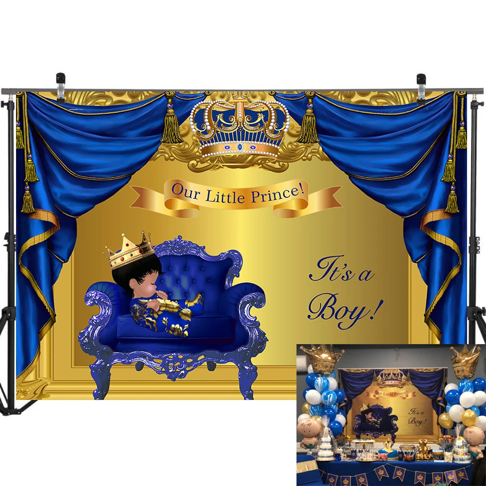 Royal Baby Shower Fone Mažasis Princas Berniuko, Fotografijos Fono Mėlyna Aukso Uždanga Kūdikio Dušas Šalis Reklama Apdaila