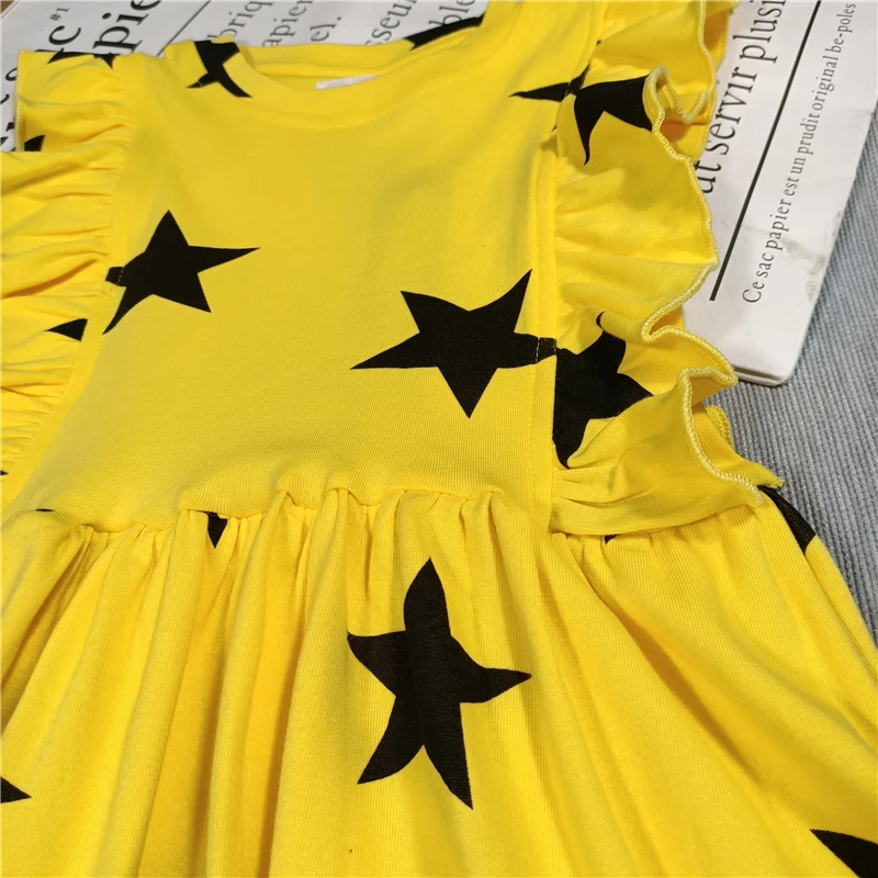 Naujas 2021 mergaičių suknelė medvilnės star spausdinti rankovių nėrinių rankovėmis kelio ilgio suknelė, juodos arba geltonos spalvos
