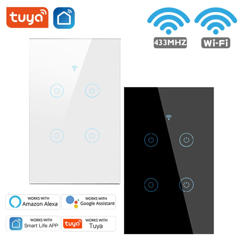 Tuya 1/2/3/4 Gauja WiFi+RF 433MHz Smart Touch Pereiti Sienos Mygtuką Perjungti Smart Gyvenimo App Nuotolinio Valdymo Dirbti Su Alexa 