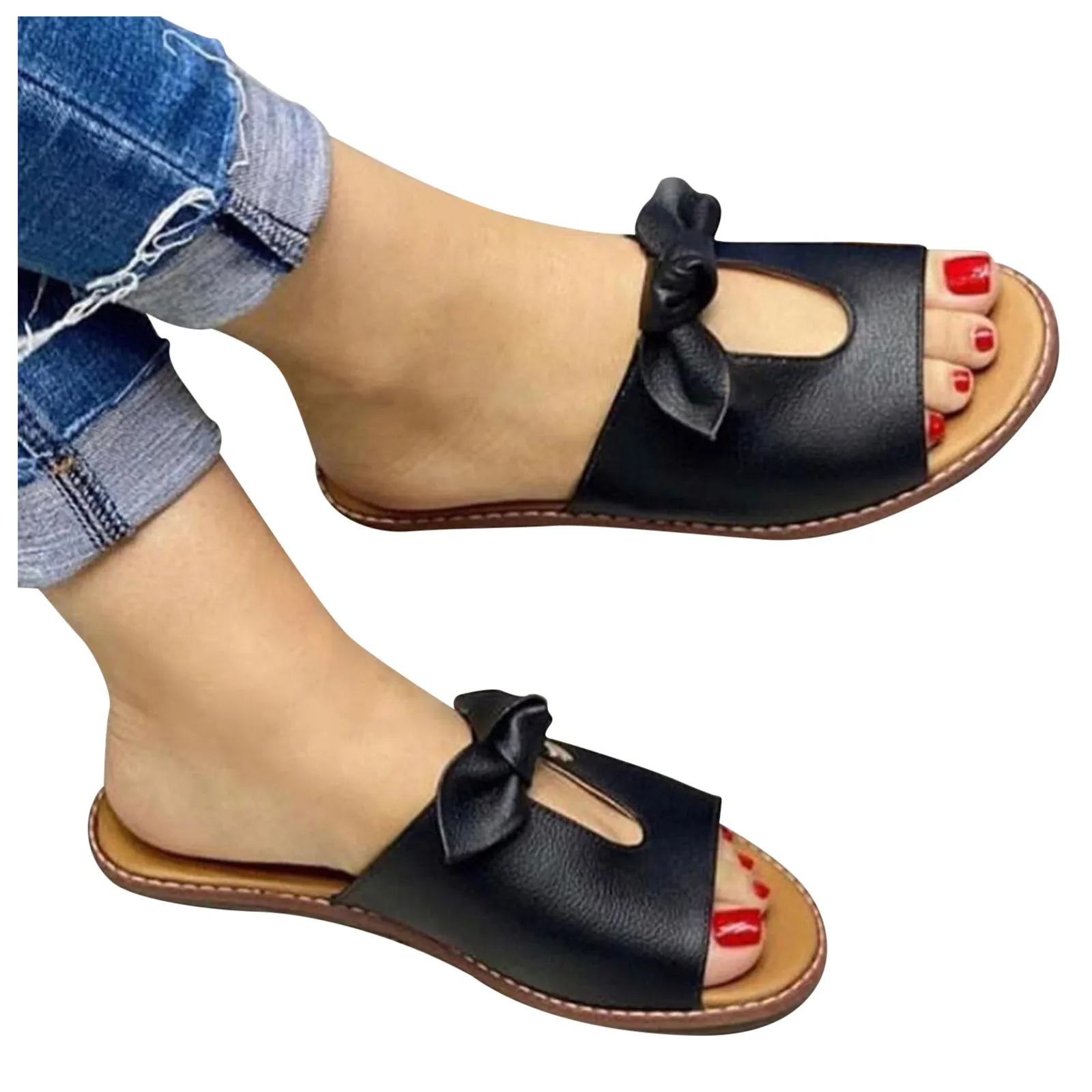 Sandalai Moterims 2021 Butas Bowknot Tuščiaviduriai Peep Toe Paslysti Ant Šlepetės Paplūdimio Bateliai Panele Laisvalaikio Bateliai Basutės Moterų Sandalai
