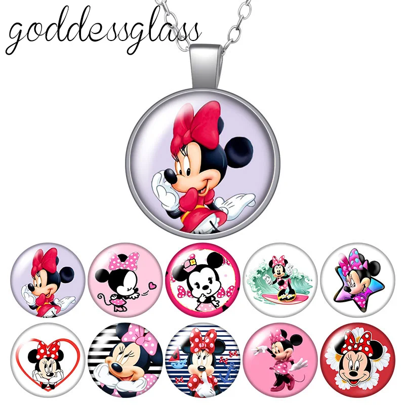 Disney Mielas Minnie Mouse Mergaitės dovana, Apvalus Stiklas cabochon sidabro padengtą/Kristalo pakabukas karoliai, papuošalai, Dovana