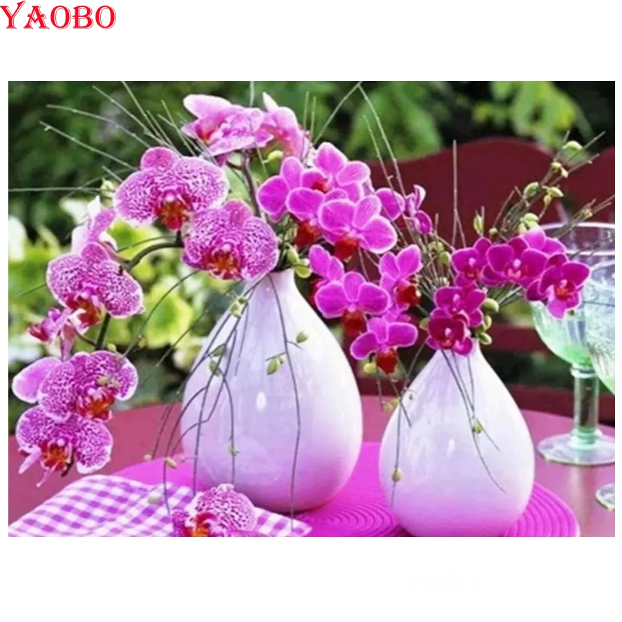 5D Diamond Tapybos Orchidėjų, Raudonųjų Gėlių Vaza Visą Aikštės turas Gręžimo 