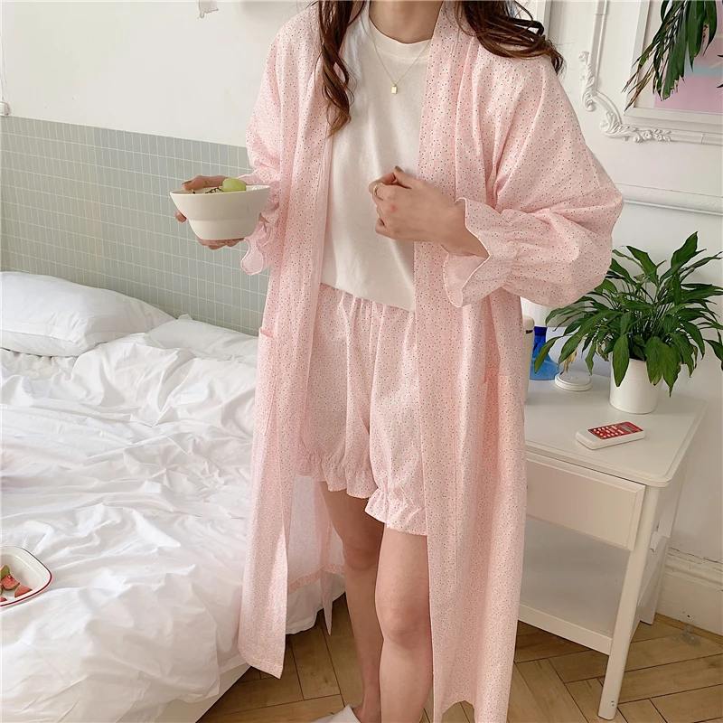 3 spalvų moterų chalatas, kelnės homewear pižamą gėlių spausdinti ilgomis rankovėmis grynos medvilnės ilgai kimono japonijos sleepwear 2 dalių komplektas Y885