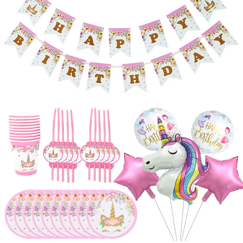 Vienaragio tema gimtadienio vienkartiniai apdailos plokštės taurės balionas reklama mergina gimtadienio vienaragis apdailos rinkinys baby shower