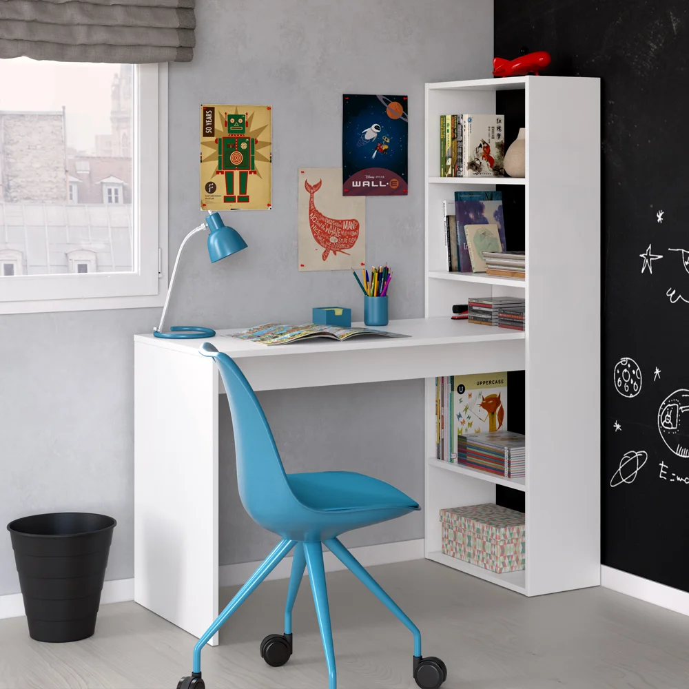 Stalas Stalas, lentynos, vaikų studijų lentelė vaikų, darbo stalas balta spalva, 144x120x53 cm