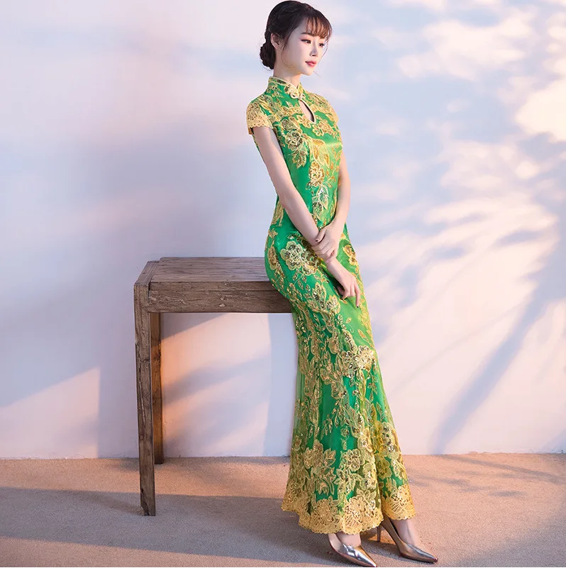 Žalia Cheongsam Moterų Tradicinį Suknelė Seksualus Vestuvių Qipao Siuvinėjimo Rytų Kinijos Suknelės, Vestidos Formales Ilgai Qi Pao
