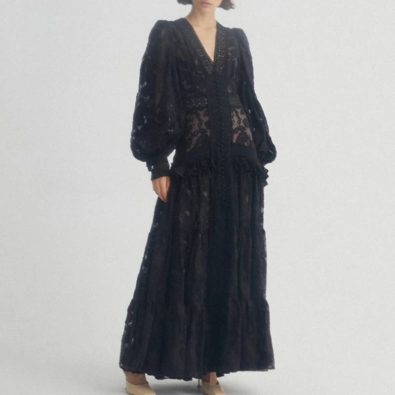 Moterų Nėriniai Vintage Suknelė Vasaros Žibintų Rankovės Siuvinėjimas Tuščiaviduriai Iš Aukšto Juosmens Maxi Suknelė