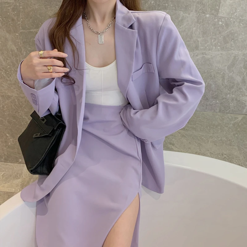 Moterų Violetinė Priežastinis Elegantiškas Single-breasted Švarkas Švarkas & Split Pieštuku Sijonai 2021 M. Pavasario Vasaros Office Lady Verslo Komplektus