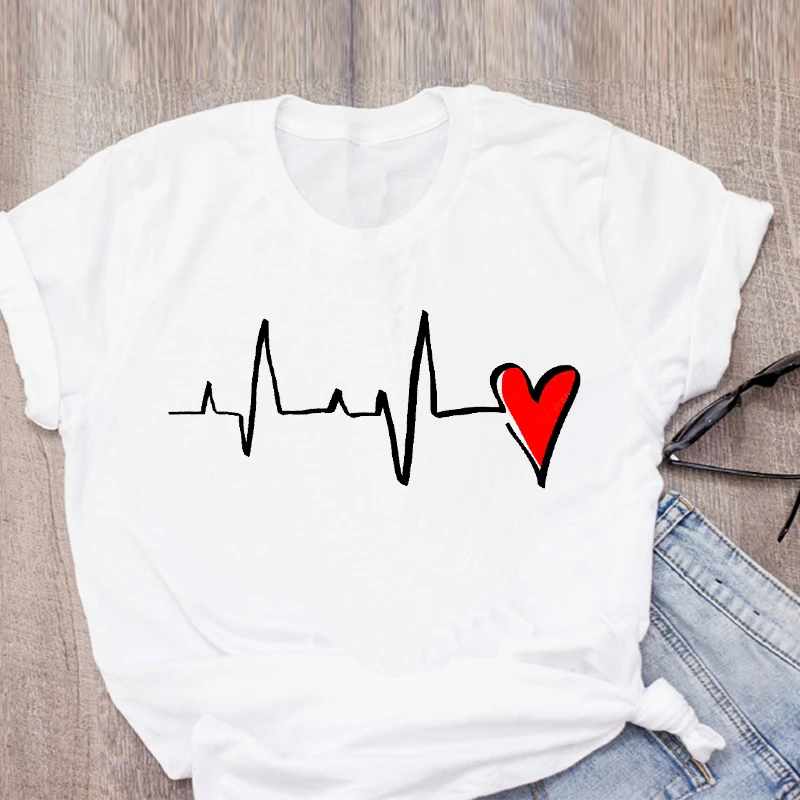 Meilė EKG T Marškinėliai Vasarą Moterys T Marškinėliai Raudonos Širdies Spausdinti Marškinėlius Harajuku 