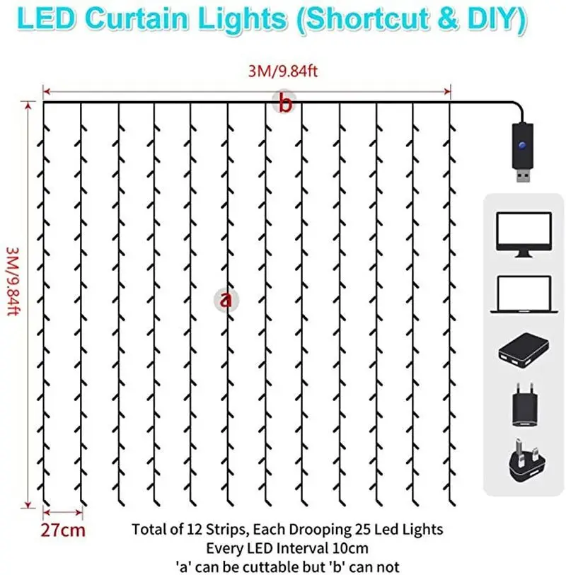 LED Užuolaidų Pasakų Šviesos diodų (LED) Styginių Žibintai USB Nuotolinio Valdymo Kalėdinė Girlianda Šviesos Šalis, Sodo Namų Kalėdinė Dekoracija