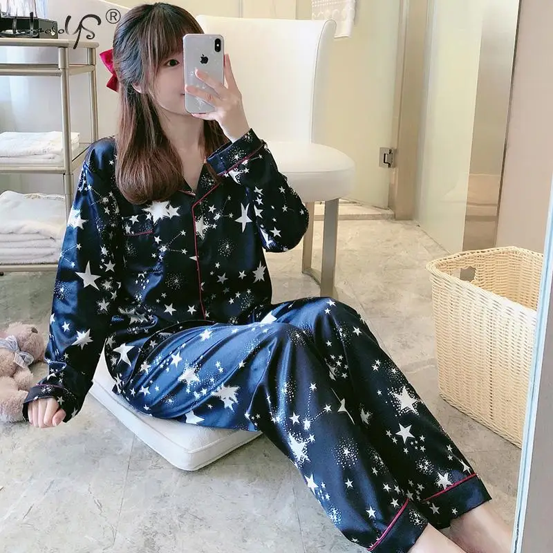 Moterų Šilko Satino Pižama Nustatyti ilgomis Rankovėmis Kelnės Pižama Set Mygtuką Žemyn Spausdinimo Sleepwear Loungewear Moterų Nustatyti, Pižamos