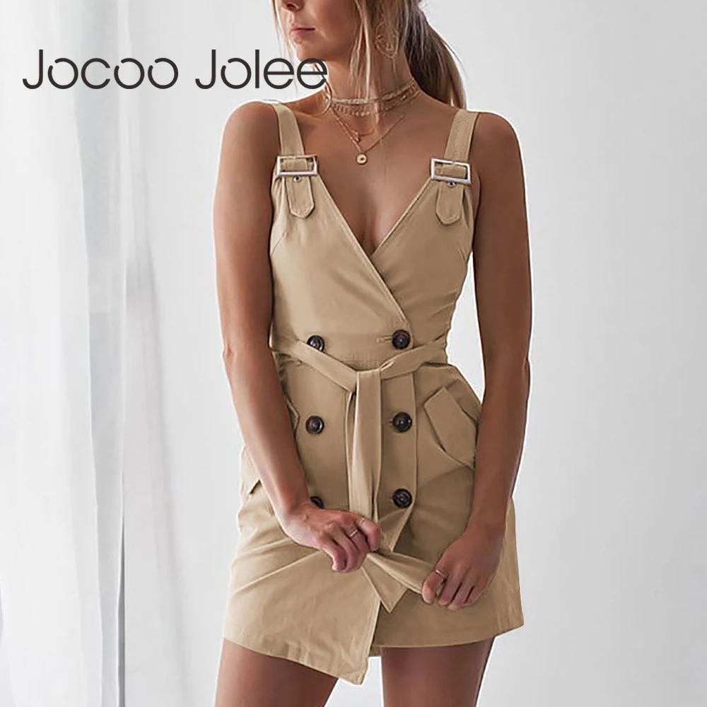 Jocoo Jolee Elegantiškas Varčias Chaki Medvilnės Suknelė Atsitiktinis Vasaros Rankovių Kišenės Mygtuką Mini Suknelė Vintage Kietas Rompers 2020 M.