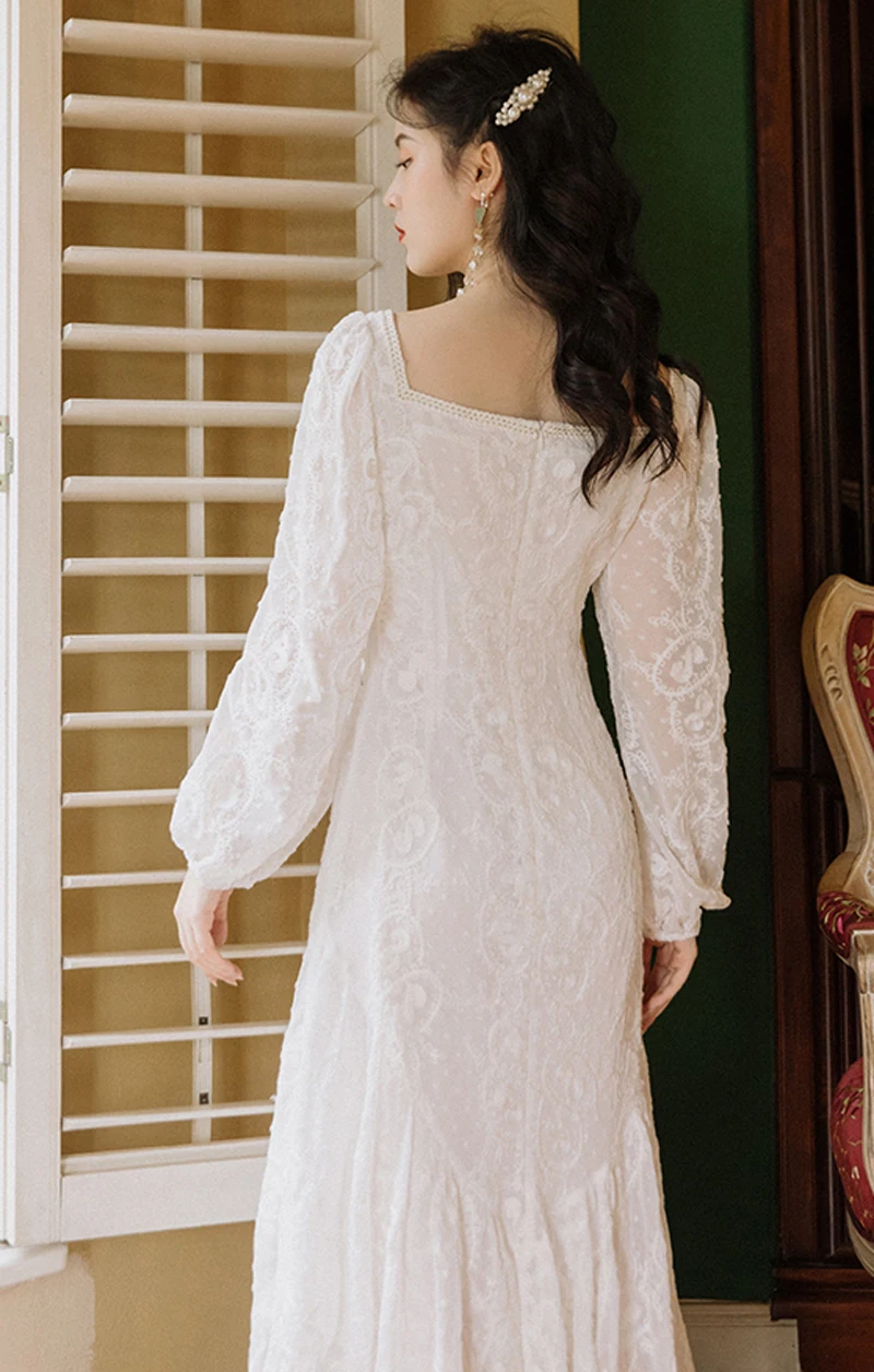Baltos Spalvos Nėrinių Pasakų Suknelė Vintage Aikštėje Apykaklės Ilgio Sluoksniuotos Rankovėmis Didelio Dydžio Suknelės Elegantiška Panele Data Šalis Vestido Branco