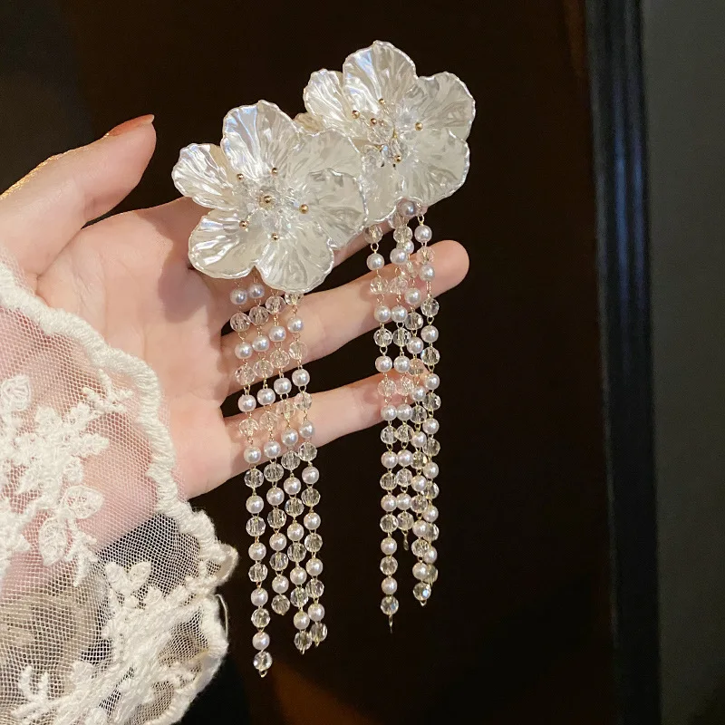 VSnow prancūzijos Vintage White Negabaritinių Gėlių Crystal Pearl Tabaluoti Auskarai Moterims, Ilgai Kutas Vestuvių Auskarai Papuošalai Pendientes