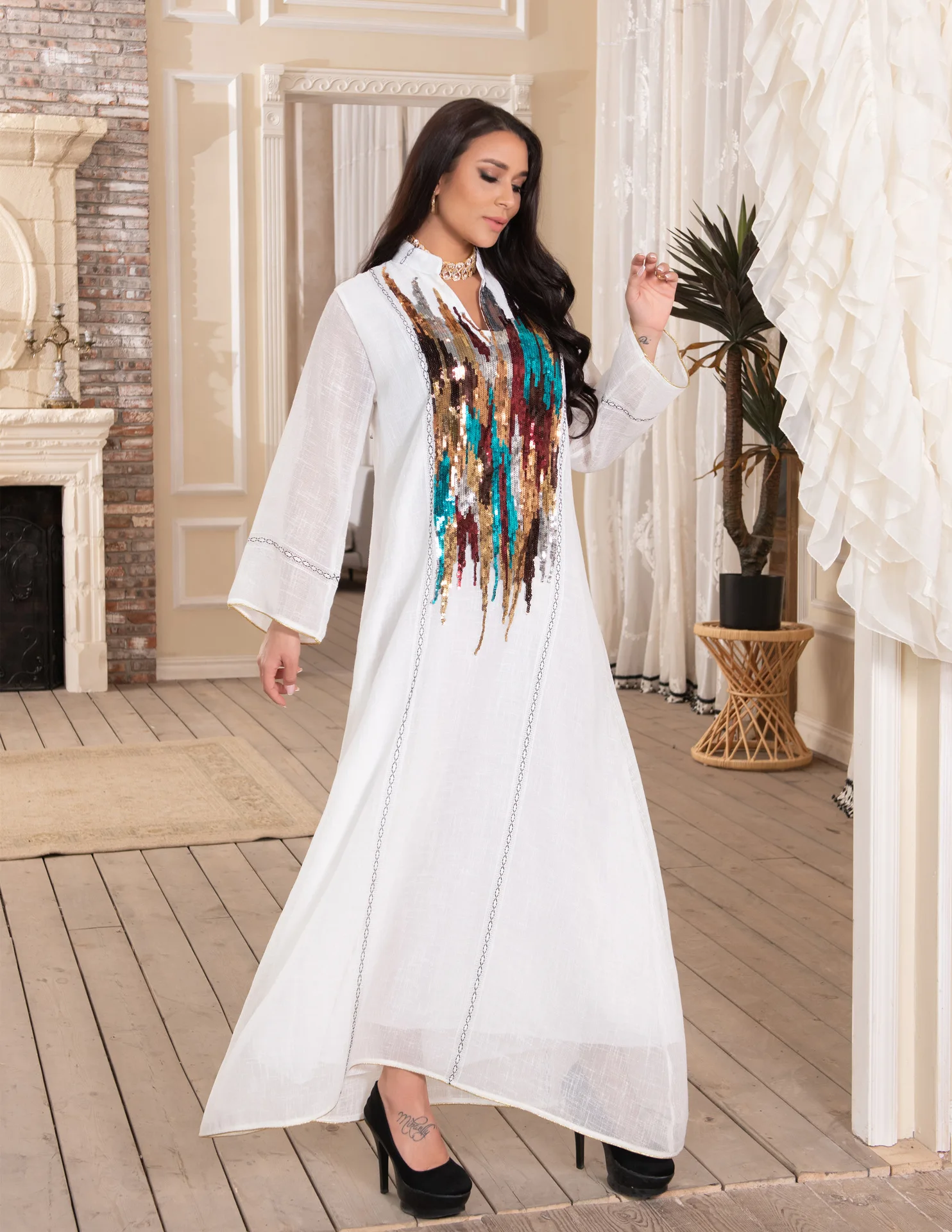 Blizgučiai Išsiuvinėti Abaja Suknelė Moterims Maroko Kaftan Turkija, Arabų Jalabiya Balta Islamo Etninės Skraiste 2021 Eid Naujas