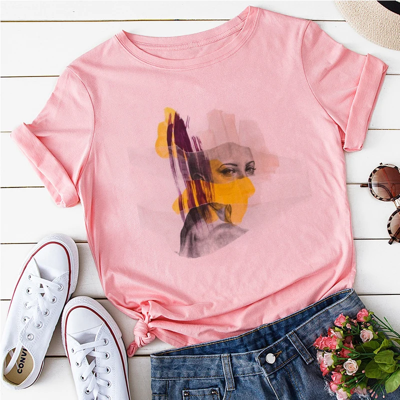 Graži Geometrija rožinė Spausdinti Marškinėliai Moterims 90-ųjų Grafinis T-shirts Harajuku Viršūnes Tee Mielas Trumpas Rankovės Gyvūnų Atsitiktinis Moterų Marškinėlius