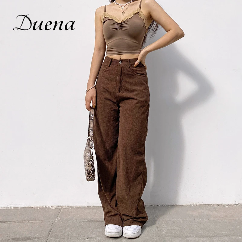 Duena Baggy Velvetas Džinsai Ruda Moterų 2021 Hip-Hop Vintage Drabužiai Mados Aukštos Juosmens Žalia Streetwear Jean Kelnės