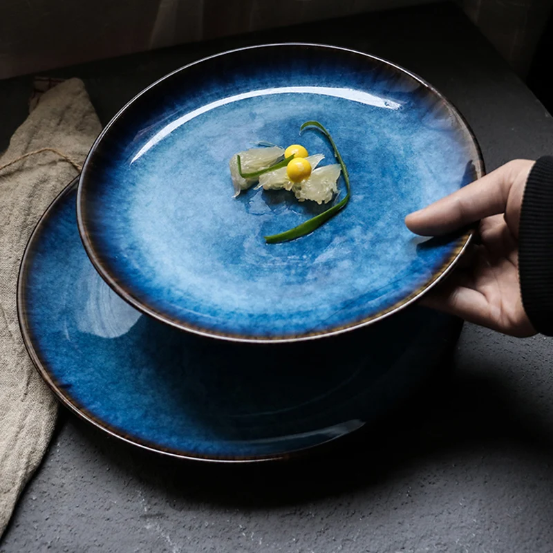 RUX Keramikos DIRBTUVIŲ Vakarų Stiliaus Mėlynas Apvalus Plokščias Dėklas Maisto Kepsnys Vakarienės Lėkštės, Stalo reikmenys