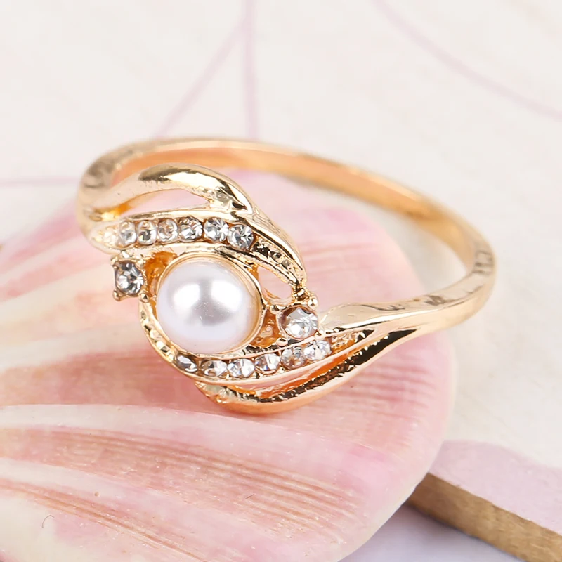 Klasikinis Perlų Imitacija Vestuvinį Žiedą, Moterims, Elegantiška White Crystal Aukso Spalvos Metaliniais Žiedais, Geometrinis Apvalūs Žiedai Karšto Pardavimo