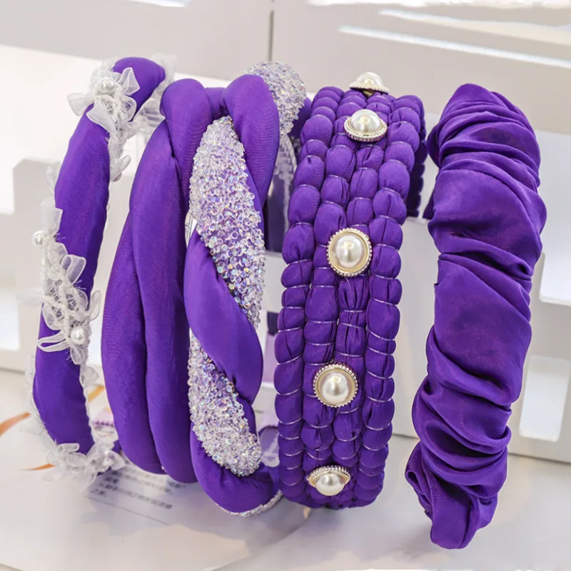 Moterų Violetinė Hairband Merginos DERLIAUS Lankelis Lady Nerijos Plaukų Aksesuarai Bezel Kartus Platus Turbaną Perlų Papuošalų Haarband R6