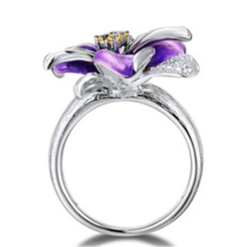 Ponios Kūrybos Elegantiškas, Subtilus Violetinė Epoksidinės Gėlės Geltona Kristalų Dizaineris Žiedas Moterims AAA Cirkonis Žiedai, Papuošalai
