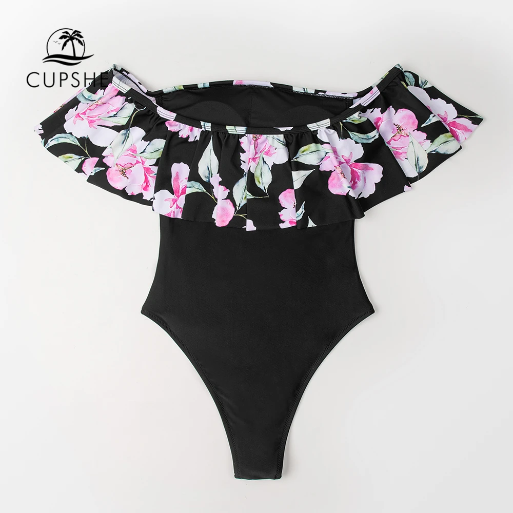 CUPSHE nuo Peties Susiėmę vientisas Seksualus maudymosi kostiumėlį Juodos spalvos Gėlių Moterų Monokini 2021 Naujas Merginų Paplūdimio Maudymosi Kostiumai, maudymosi Kostiumėliai,