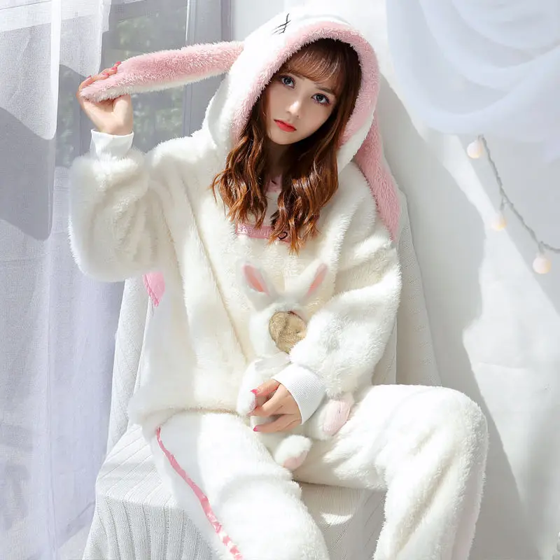 2 Vnt Žiemos Moterų Pižama Rinkiniai Sleepwear Ilgomis Rankovėmis, Šiltas Pajama Minkštas Miego Kostiumai Pižamos Mielas Gyvūnų Moterų Homewear
