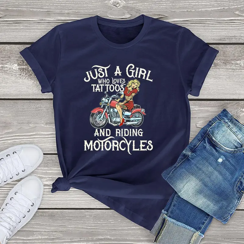 Moteriški Dviratininkas medvilnės marškinėliai mergina tiesiog mergina, kurie mėgsta tatuiruotes ir motociklų harajuku moterų marškinėliai kawaii mados viršūnes tee