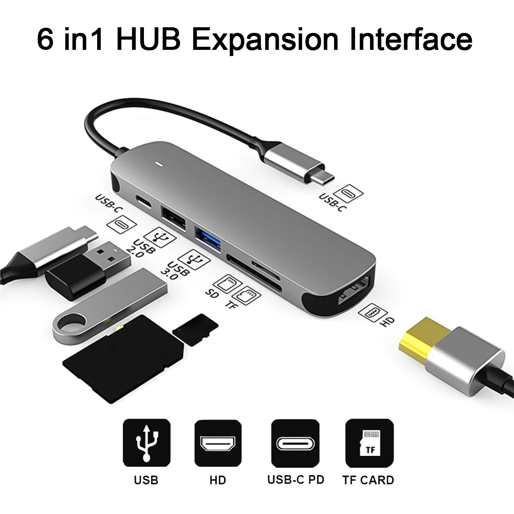 6 in 1 C Tipo Stebulės 4K USB 3.0 Aliuminio Stebulės Dongle, su HDMI Suderinamus Išėjimo Paramos PD/TF/SD Nešiojamojo Telefono