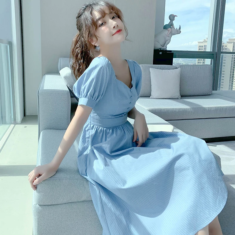 Yitimoky Moteris Dress Blue Korėjos Stiliaus Mielas Saldus Atsitiktinis Trumpas Rankovės Drabužių Aukšto Juosmens Dryžuotas 2021 Imperijos Suknelės Mid-Calf