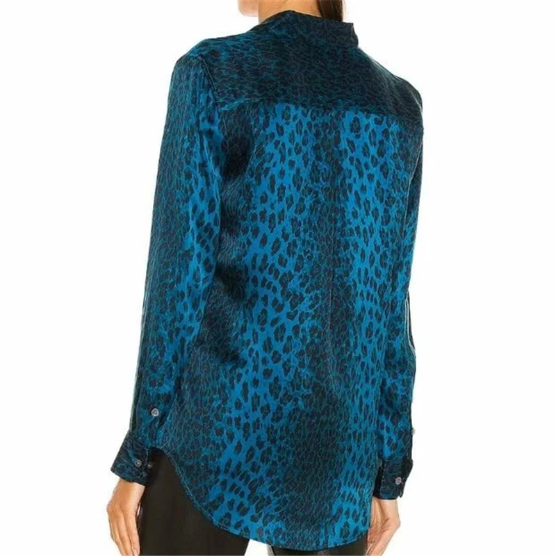 Elegantiškas Moteris, Mėlyna, Leopardas Spausdinti Marškinėliai 2021 Mados Ponios Pasukite Žemyn Apykaklės Viršūnes Streetwear Moterų Prašmatnus Mygtuką Laisvi, Palaidinukės
