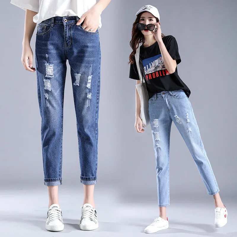 Mados Didelio dydžio moteriški džinsai devynių kelnes 2019 m. pavasario ir vasaros aukšto juosmens skylę Mėlyna 3XL moterų elastinės kojų kelnės 115#