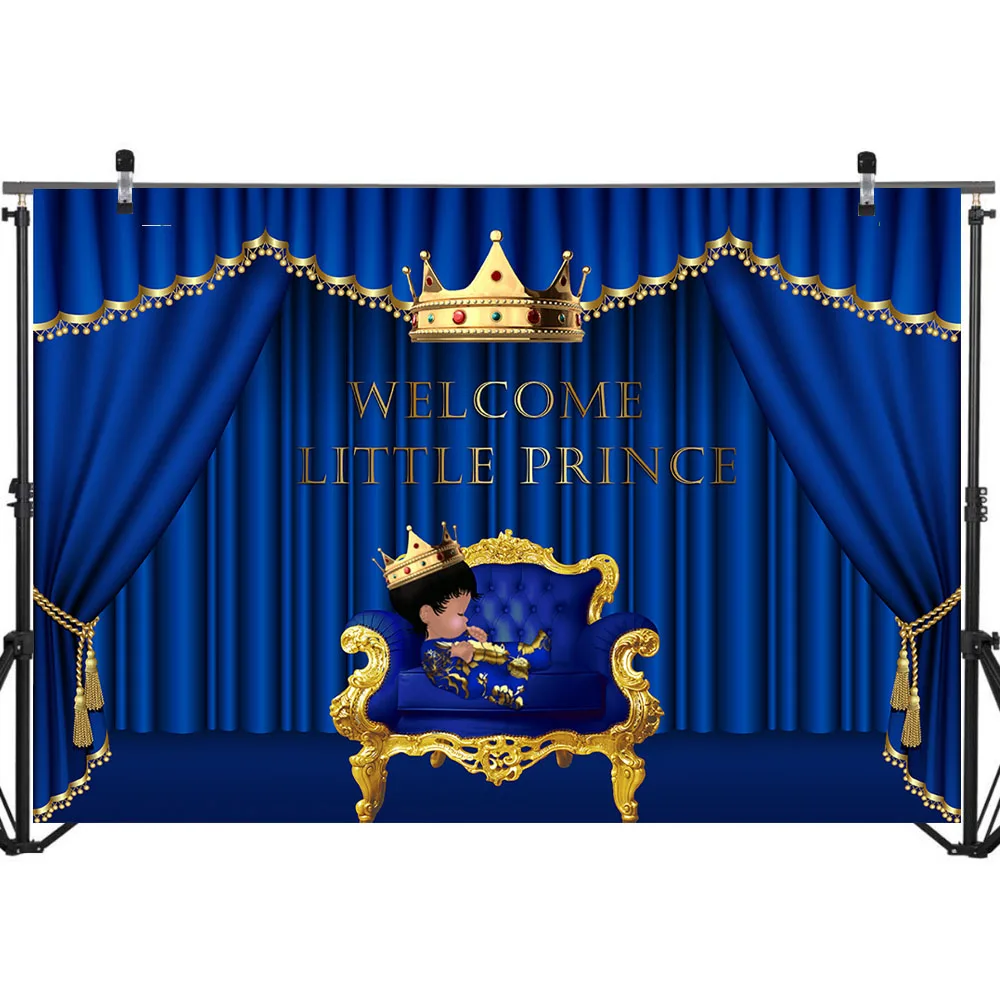Royal Baby Shower Fone Mažasis Princas Berniuko, Fotografijos Fono Mėlyna Aukso Uždanga Kūdikio Dušas Šalis Reklama Apdaila