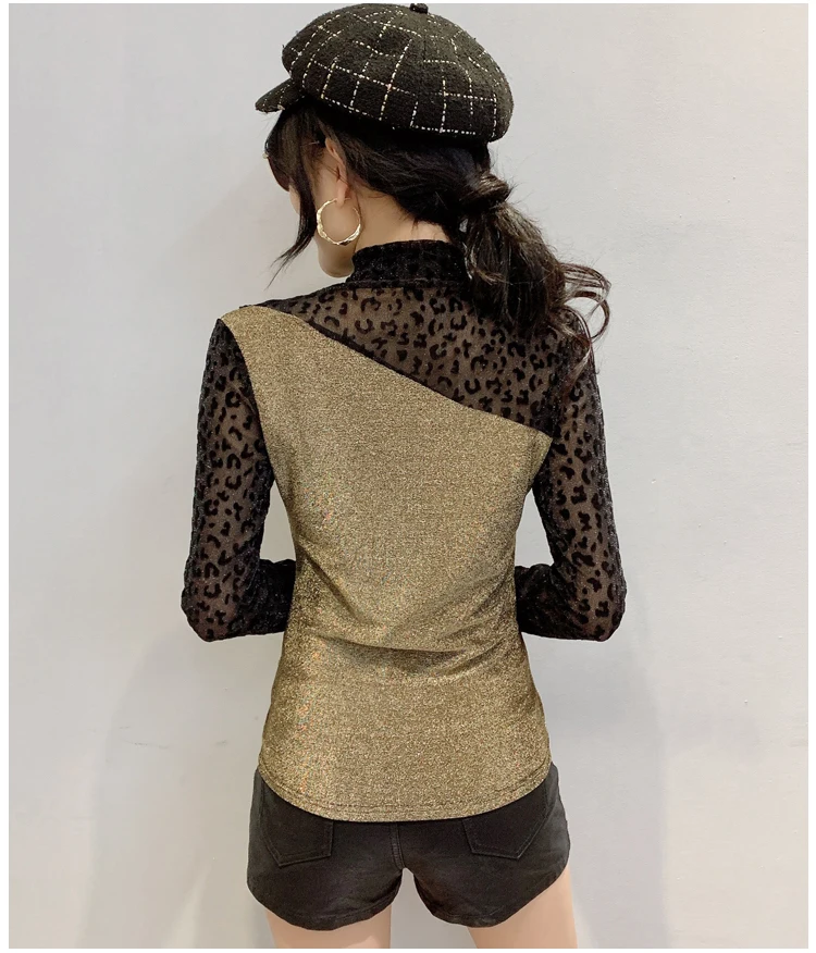 Europos Drabužius Blizga Tees Seksualus Kratinys Leopard Duobute T-shirt Moterims 2019 Nauja Rudens Žiemos Viršūnes Dugno Marškinėliai Aukso T9N201