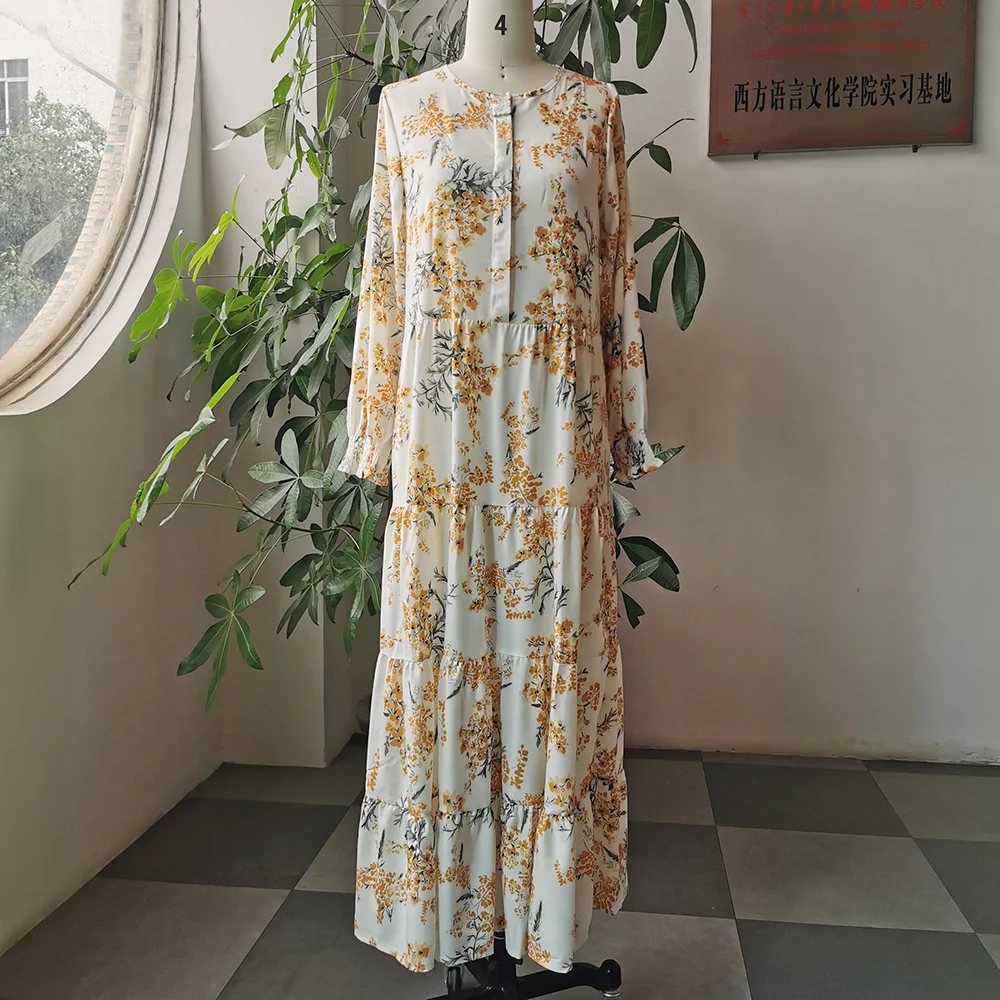 Gėlių Suknelė Ilgai Spausdinti Saldus Geltonas Korėjos Stiliaus Biuro Ponios Atsitiktinis Vestido Vienas Gabalas, Plisuotos Linija Patenka Moterys Maxi Suknelės
