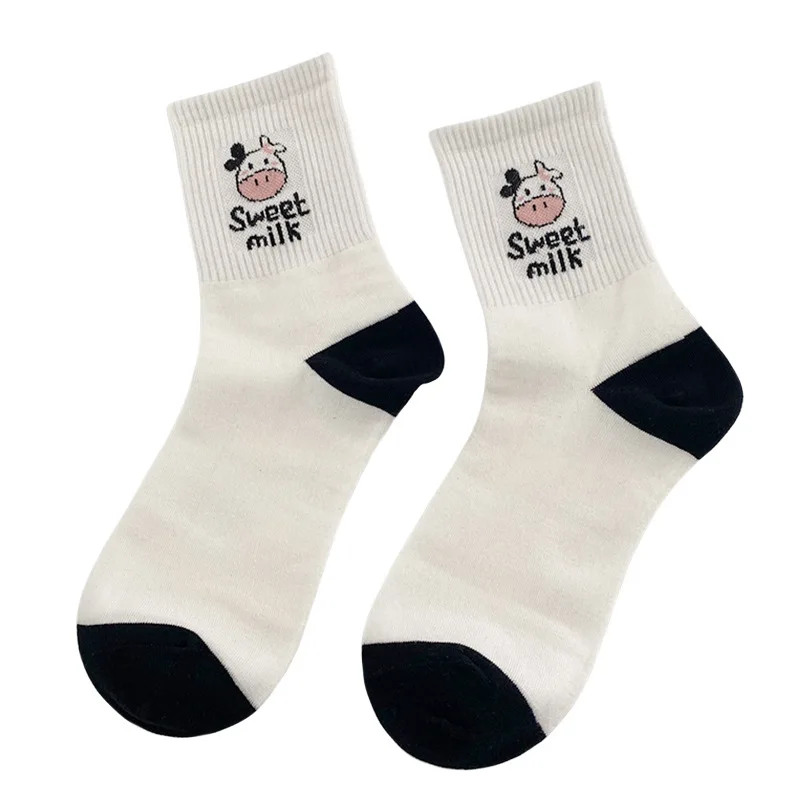 Dryžuotos kojinės juokinga karvė spausdinti balta animacinių filmų calcetines jaukus harajuku skarpetki damskie mielas gyvūnų chaussettes kawaii laimingas kojinių