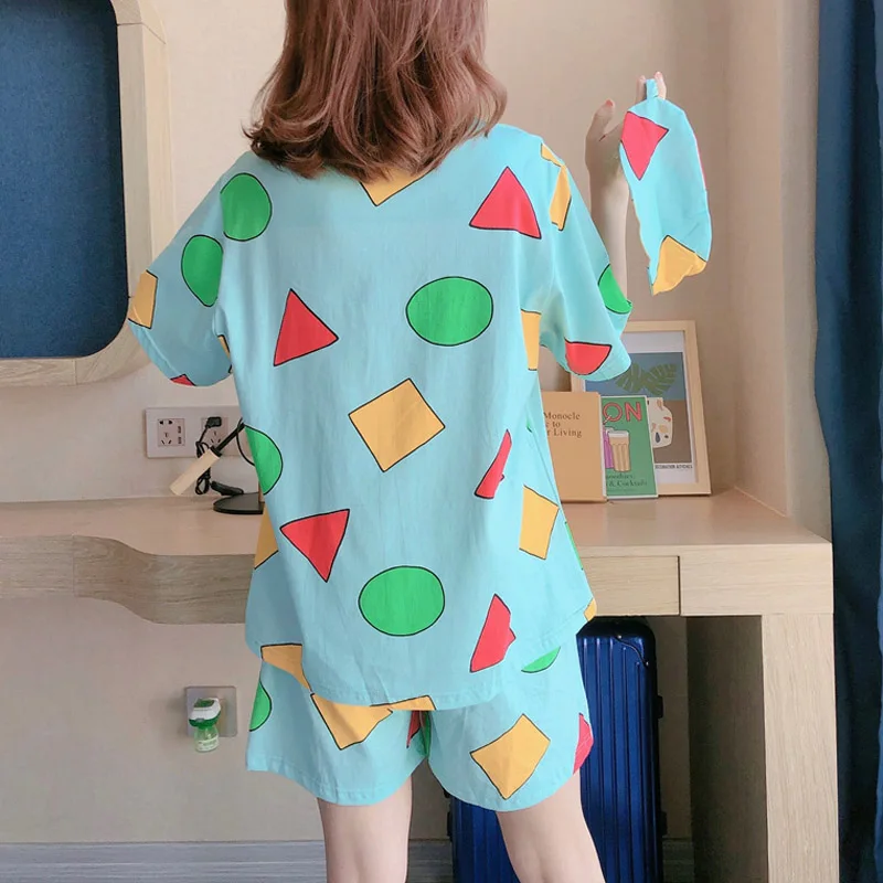 2021 Moterų Pižama Moteris Vasarą Sleepwear Kostiumai su Dviejų dalių Komplektas Apvalios Kaklo Geometrinis Ištaigingas Dėvėti Kawaii Pajama Rinkinys