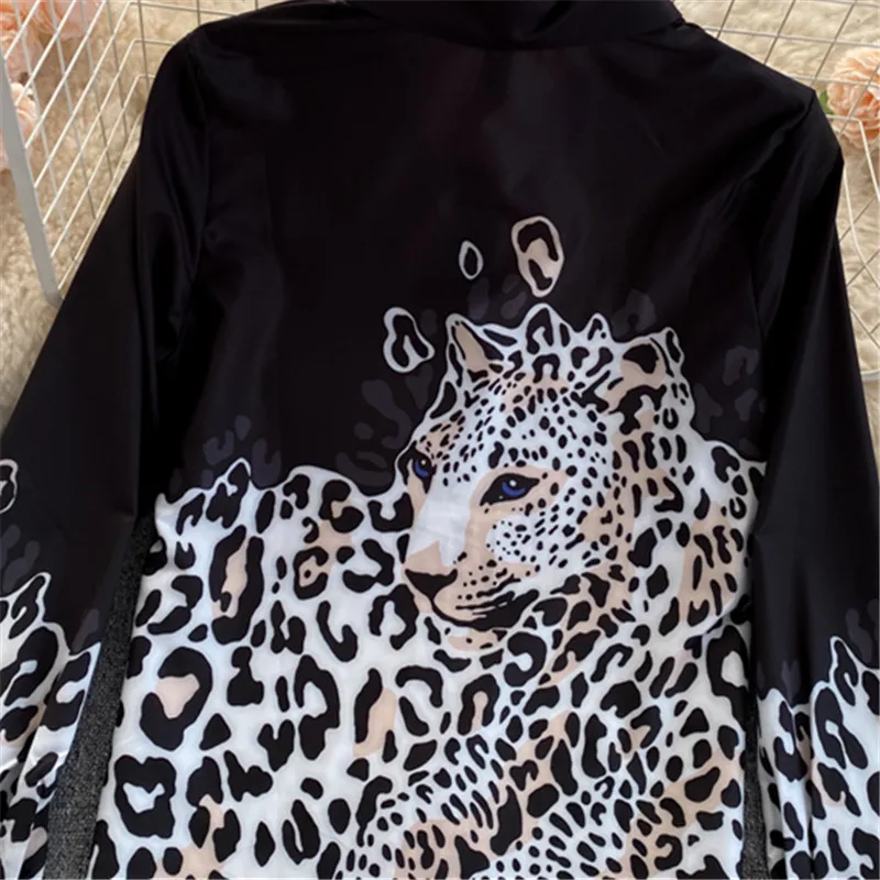 Juodos spalvos Šifono Marškinėliai Moterims ilgomis Rankovėmis Atvartas Mados Leopardas Spausdinti Marškinėliai Pavasario Laisvi Moteriški viršūnes ir Palaidinės 2021 Naujas