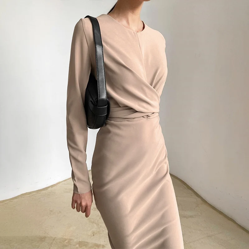 2021 m. Pavasarį Elegantiškas Bodycon Moterų Suknelės, Kietas ilgomis Rankovėmis Aukštos Juosmens Viduryje ilgis Moteriška Suknelė Vintage Office Ponios Vestidos