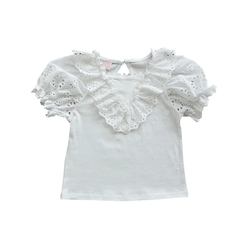 Vasarą Mergina trumparankoviai marškinėliai 2021 Naujas Mados Nėriniai V Apykaklės Burbulas Rankovėmis Medvilnės Bamblys Mergina T-shirt