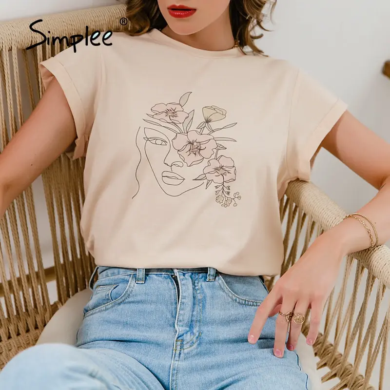 Simplee Mados Šviesos Abrikosų Spausdinti Pagrindinės O-kaklo marškinėliai Atsitiktinis Vasaros trumpomis Rankovėmis Moterims Topai Tees 2021 Elegantiškas Daliy Marškinėliai