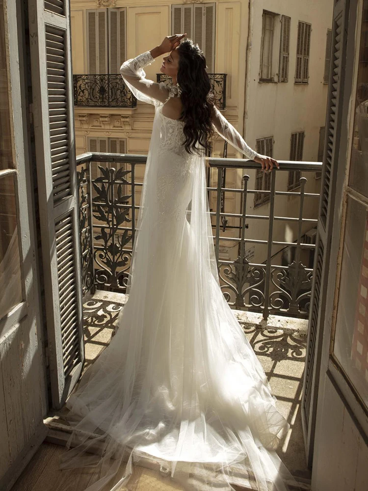 MNGRL Retro Paprastas Vamzdis Viršuje Rankovių Undinė Perspektyvos 3D Gėlių Nuotakos Suknelės Baltos spalvos Nėrinių Uodega Vestuvių Suknelė