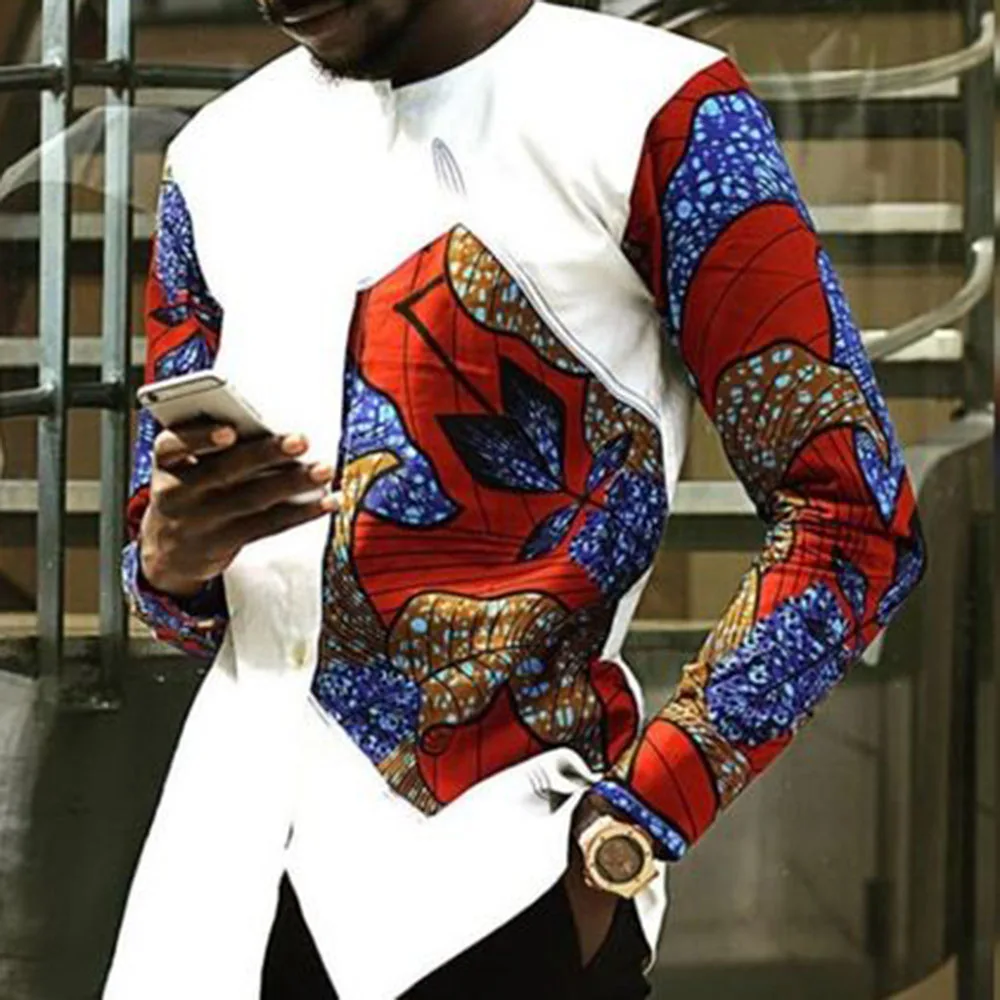 Vyrų Mados Spausdinti Sujungimas T-shirt Afrikos Drabužiai Vyrams Viršuje Atsitiktinis Slim Dashiki Marškinėliai Vidutinio ilgio ilgomis Rankovėmis Viršūnes 2021 Naujas