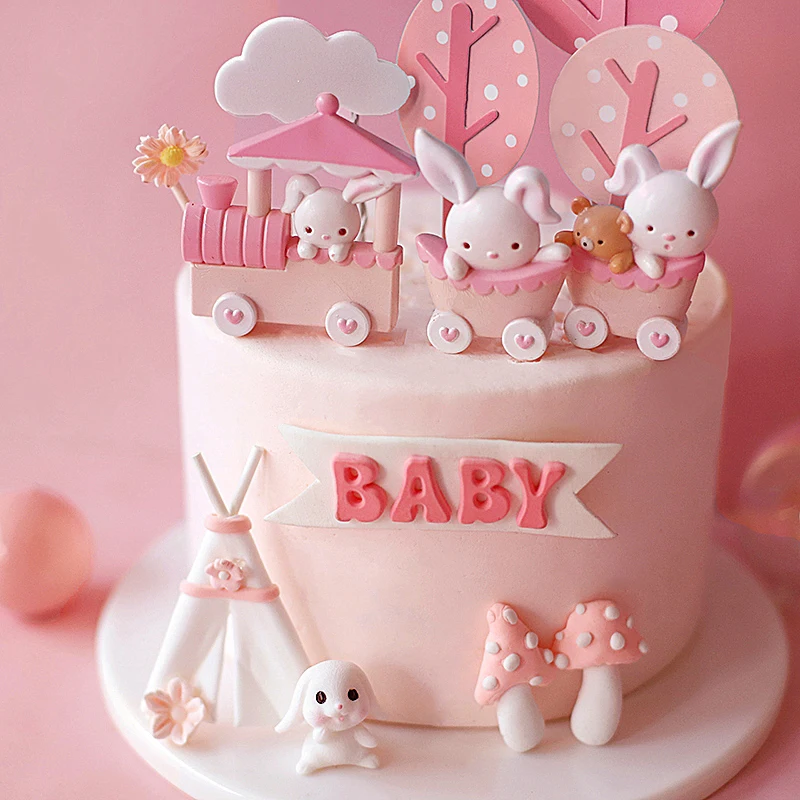 Mielas Rožinis Triušis Traukinio Tortas Toppers už Mergaitės gimtadienio tortas Vaikų Dienos Šalies Baby Happy Birthday Prekių Mielas Dovanas