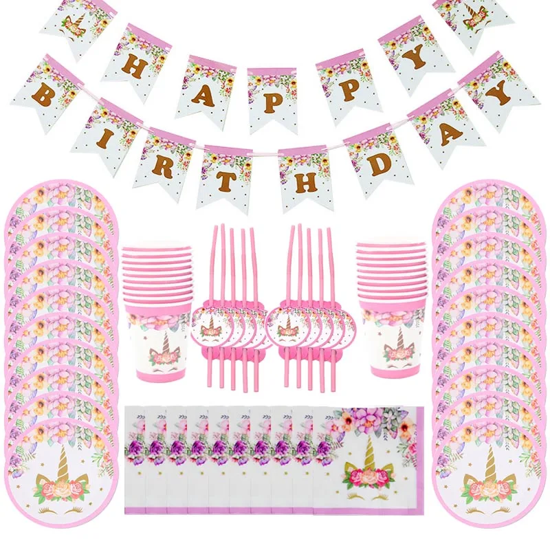 Vienaragio tema gimtadienio vienkartiniai apdailos plokštės taurės balionas reklama mergina gimtadienio vienaragis apdailos rinkinys baby shower