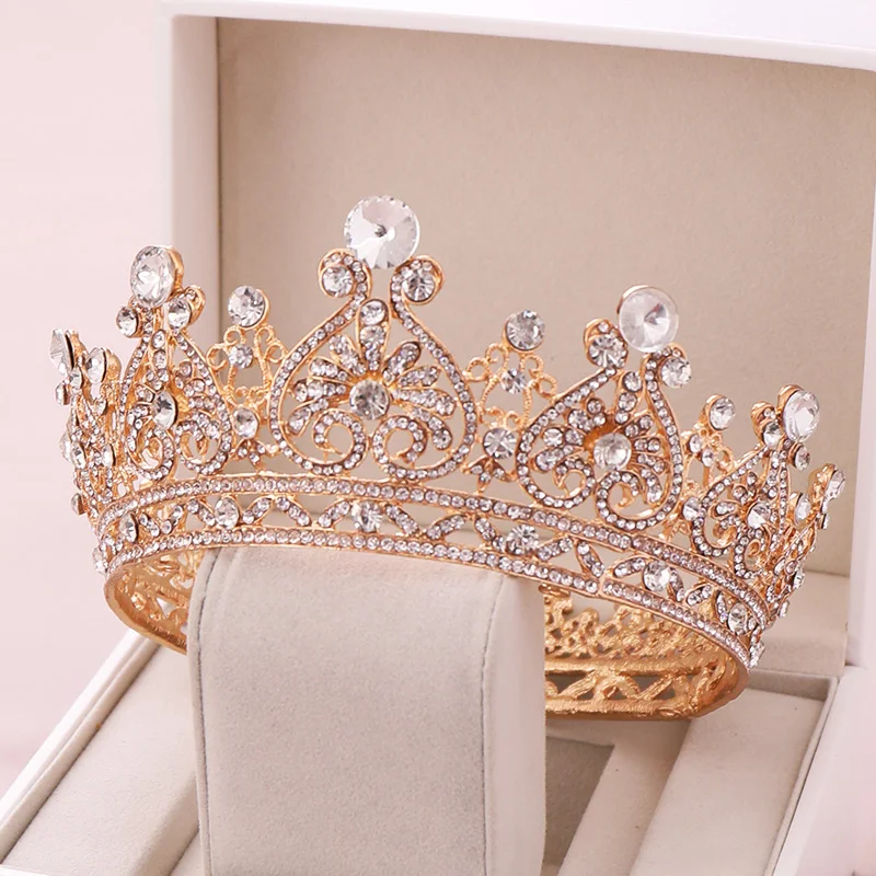 Aukso Spalvos, Didelis, Apvalios Lajos Baroko Tiara Karūna Crystal Širdies Vestuvių Plaukų Aksesuarai Karalienė, Princesė Diadem Vestuviniai Papuošalai