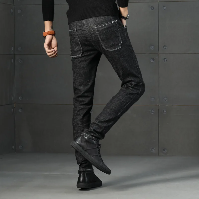 Rudens Žiemos Banga Ženklo džinsus vyrų slim fit kelnes klasikiniai džinsai vyrų korėjos Mados Juodos Kelnės Tiesios Elastingumą Kelnės