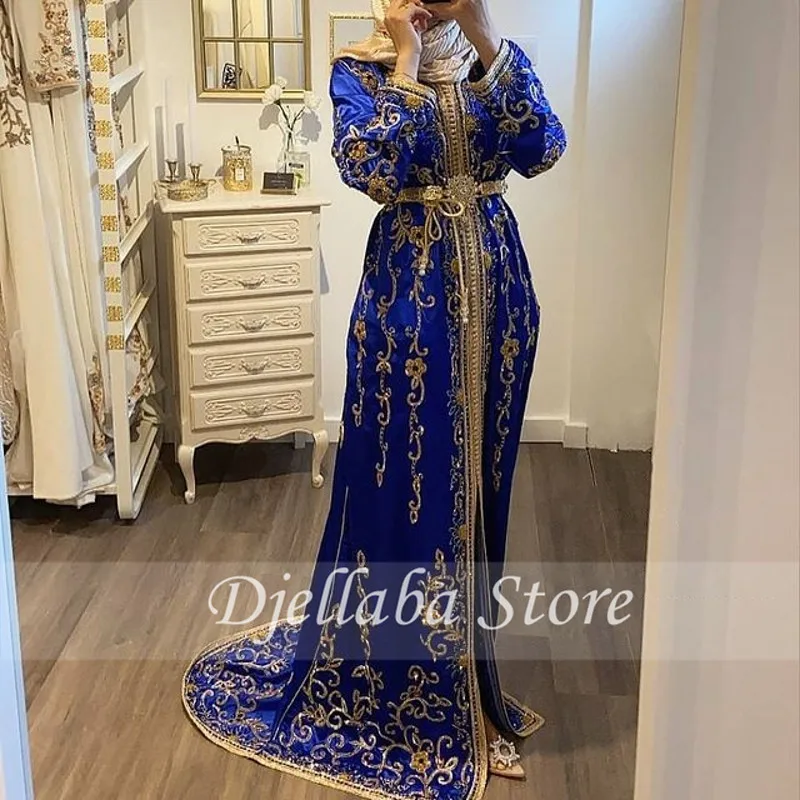 Royal Blue Maroko caftan Vakaro Suknelės Appliqued Nėrinių Valymo Traukinio arabų Musulmonų ypatinga Proga Suknelės, Vestuvinės Suknelės, Šaliai