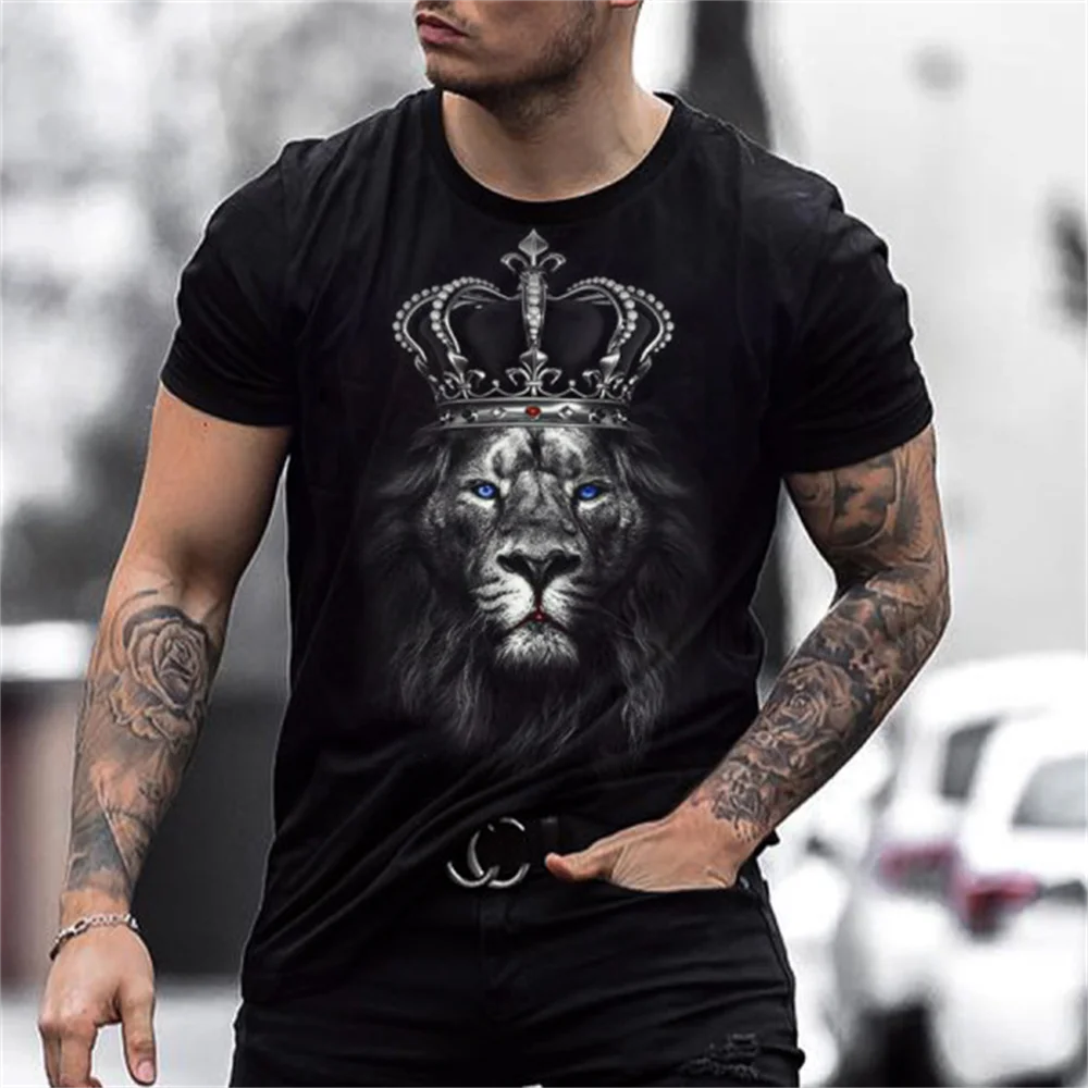 Naujas 2021 m. Vasarą 3D Spausdinimo Black Lion King Mados Atsitiktinis Vyrų Apvalios Kaklo Hip-Hop trumpomis Rankovėmis T-Shirt 130-6XL